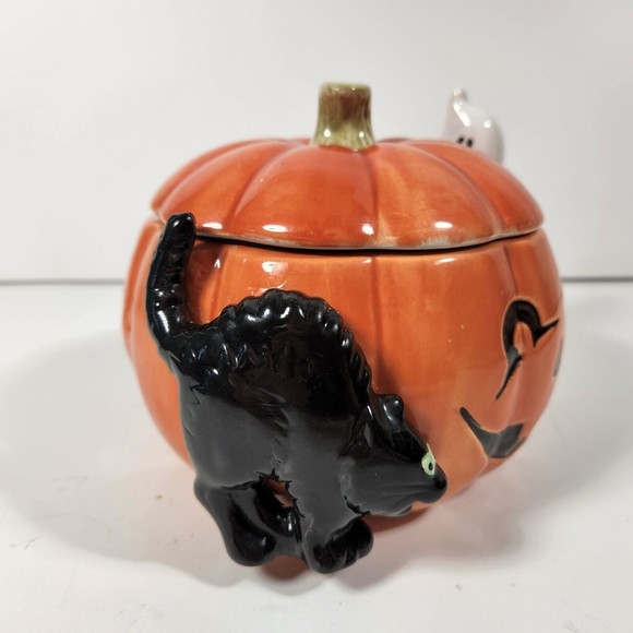 Vintage Halloween Candy Jar Fitz & Floyd 1987 Pumpkin Ghost Black Cat 7 inch - Picture 2 of 9